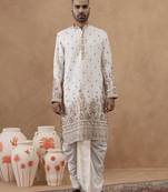 Beige cotton silk embroidered kurta for men's