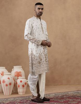 Beige cotton silk embroidered kurta for men's 3