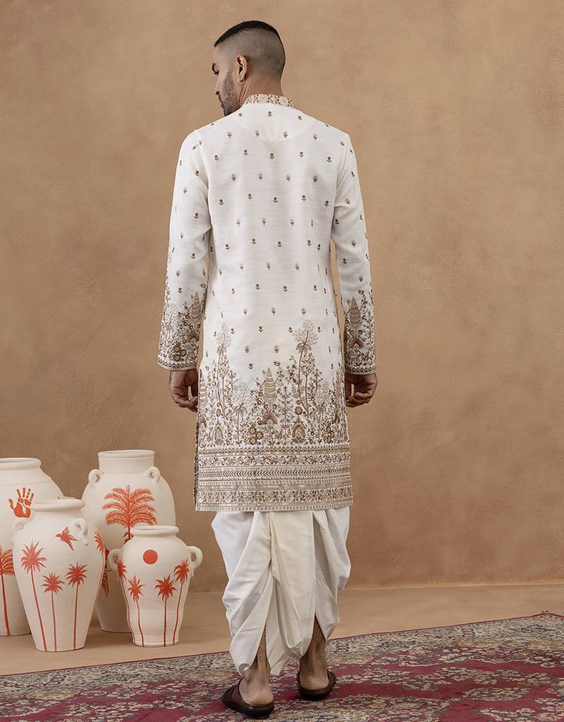 Beige cotton silk embroidered kurta for men's