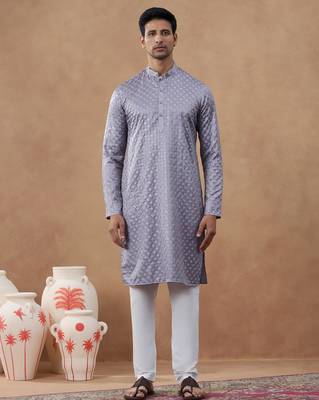 Purple cotton silk plain kurta for men's 1