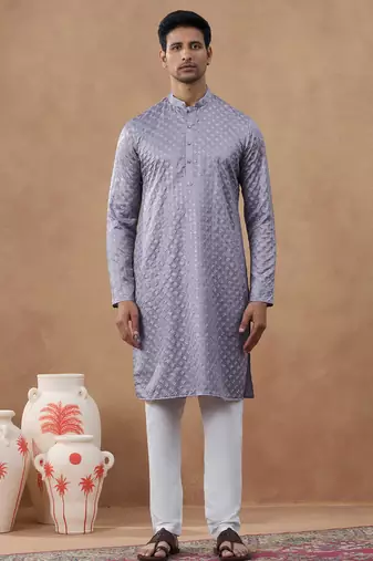 Purple cotton silk plain kurta for men's