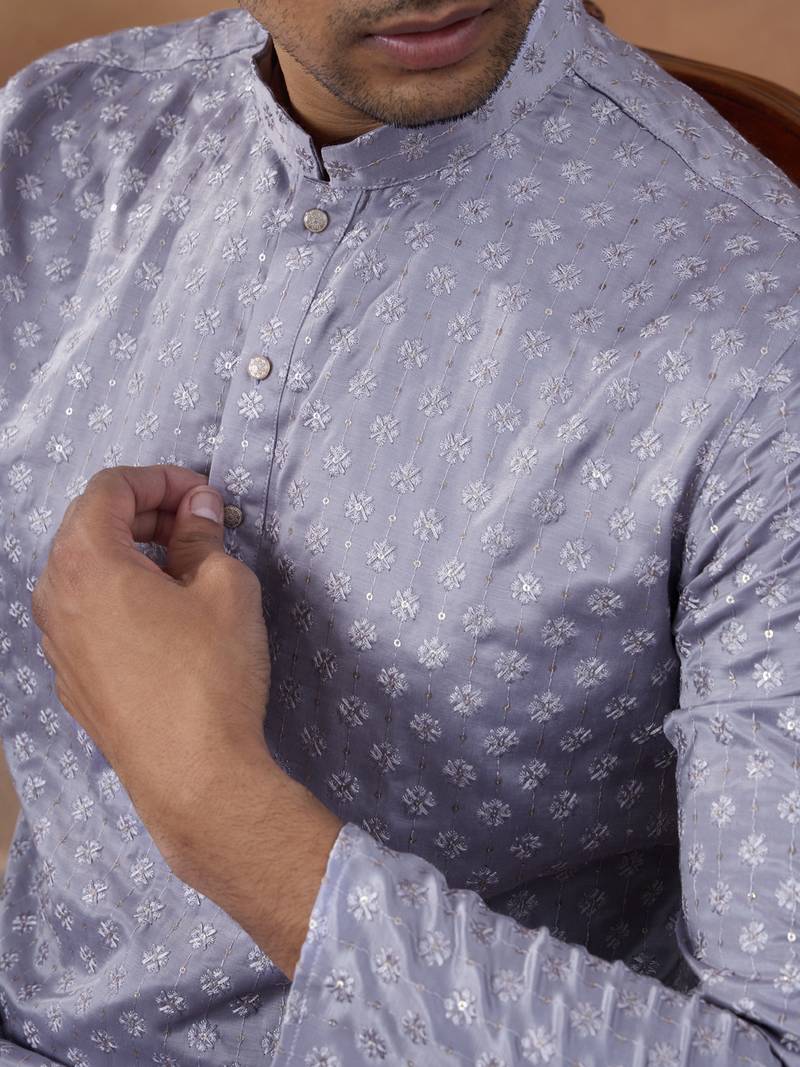 Purple cotton silk plain kurta for men's