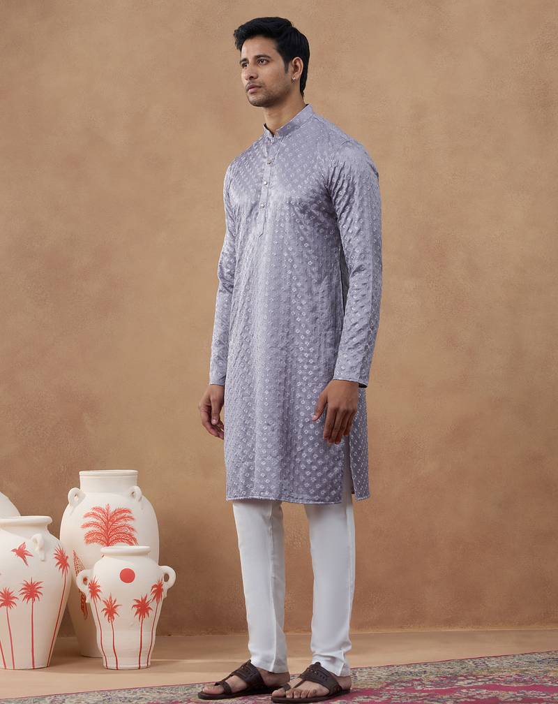 Purple cotton silk plain kurta for men's