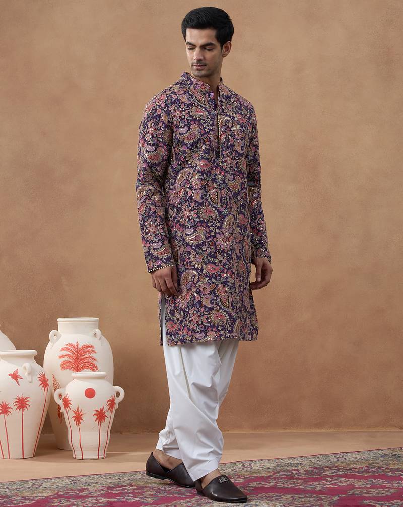 Multicolor cotton silk printed kurta for men's