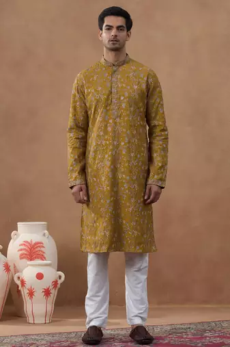 Orange cotton silk embroidered kurta for men's