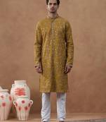 Orange cotton silk embroidered kurta for men's