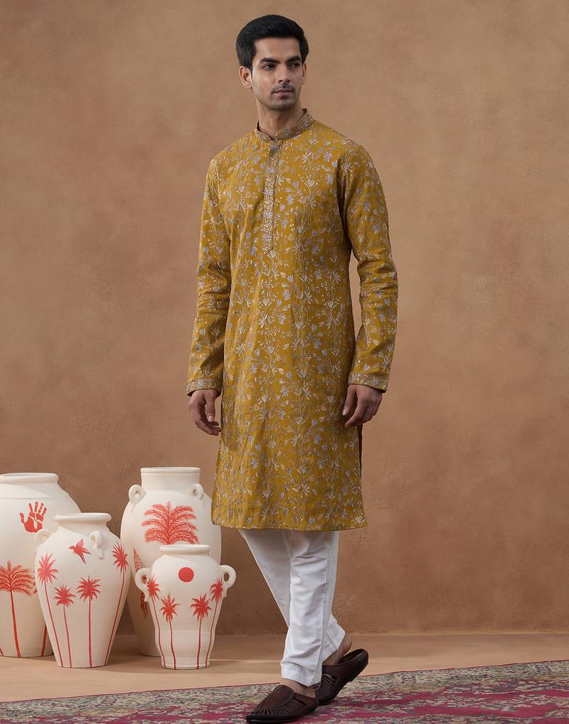 Orange cotton silk embroidered kurta for men's