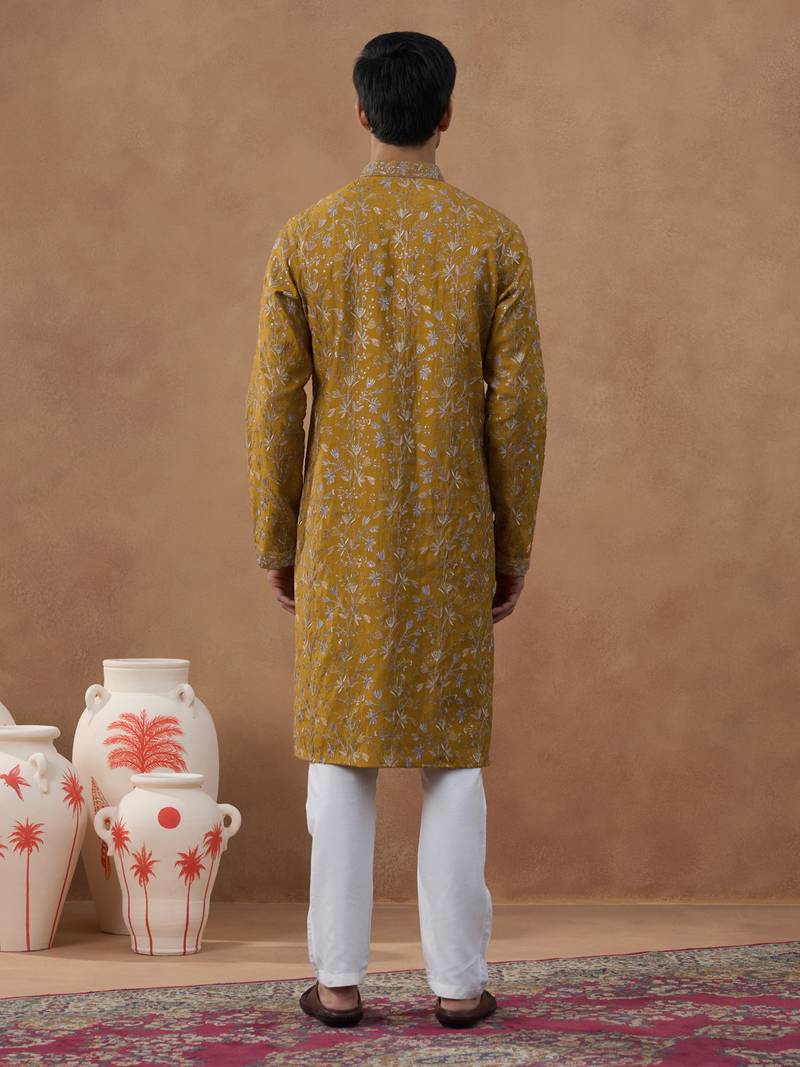 Orange cotton silk embroidered kurta for men's