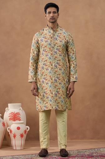 Beige cotton silk printed kurta for men's
