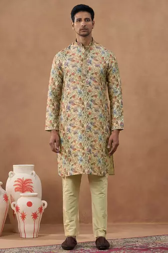 Beige cotton silk printed kurta for men's