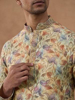 Beige cotton silk printed kurta for men's 2