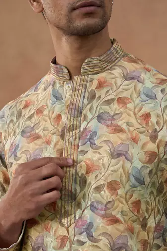 Beige cotton silk printed kurta for men's