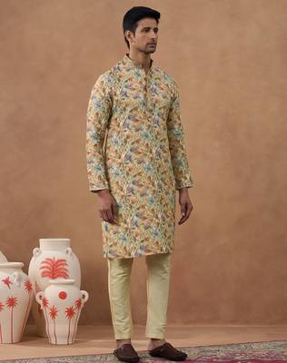 Beige cotton silk printed kurta for men's 3