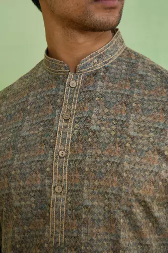 Beige cotton silk printed kurta for men's