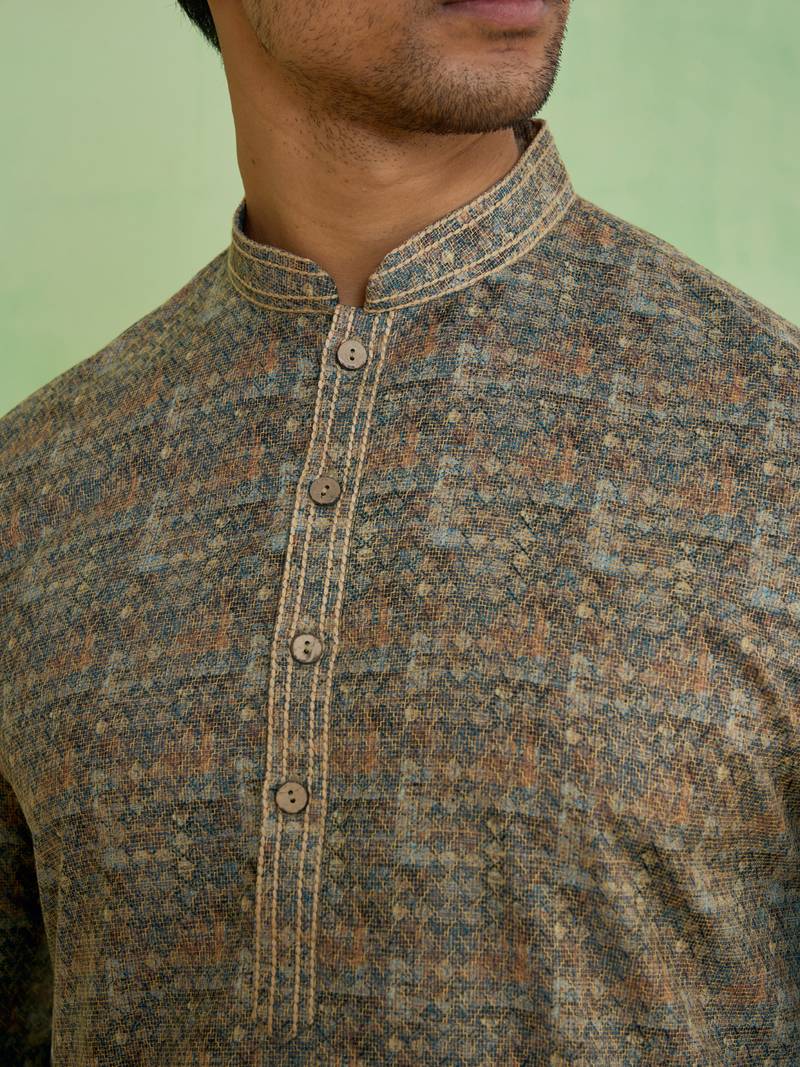 Beige cotton silk printed kurta for men's