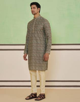 Beige cotton silk printed kurta for men's 3