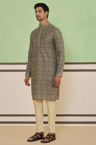 Beige cotton silk printed kurta for men's