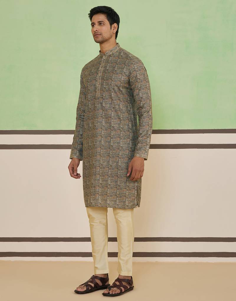 Beige cotton silk printed kurta for men's