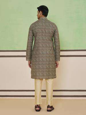 Beige cotton silk printed kurta for men's 4