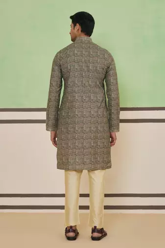 Beige cotton silk printed kurta for men's