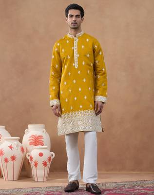 Orange cotton silk embroidered kurta for men's 1
