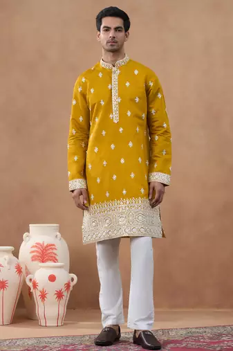 Orange cotton silk embroidered kurta for men's