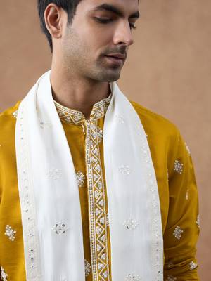 Orange cotton silk embroidered kurta for men's 2