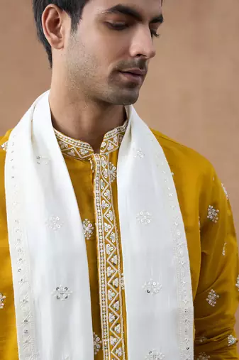 Orange cotton silk embroidered kurta for men's