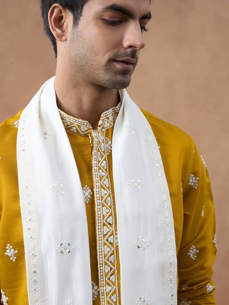 Orange cotton silk embroidered kurta for men's