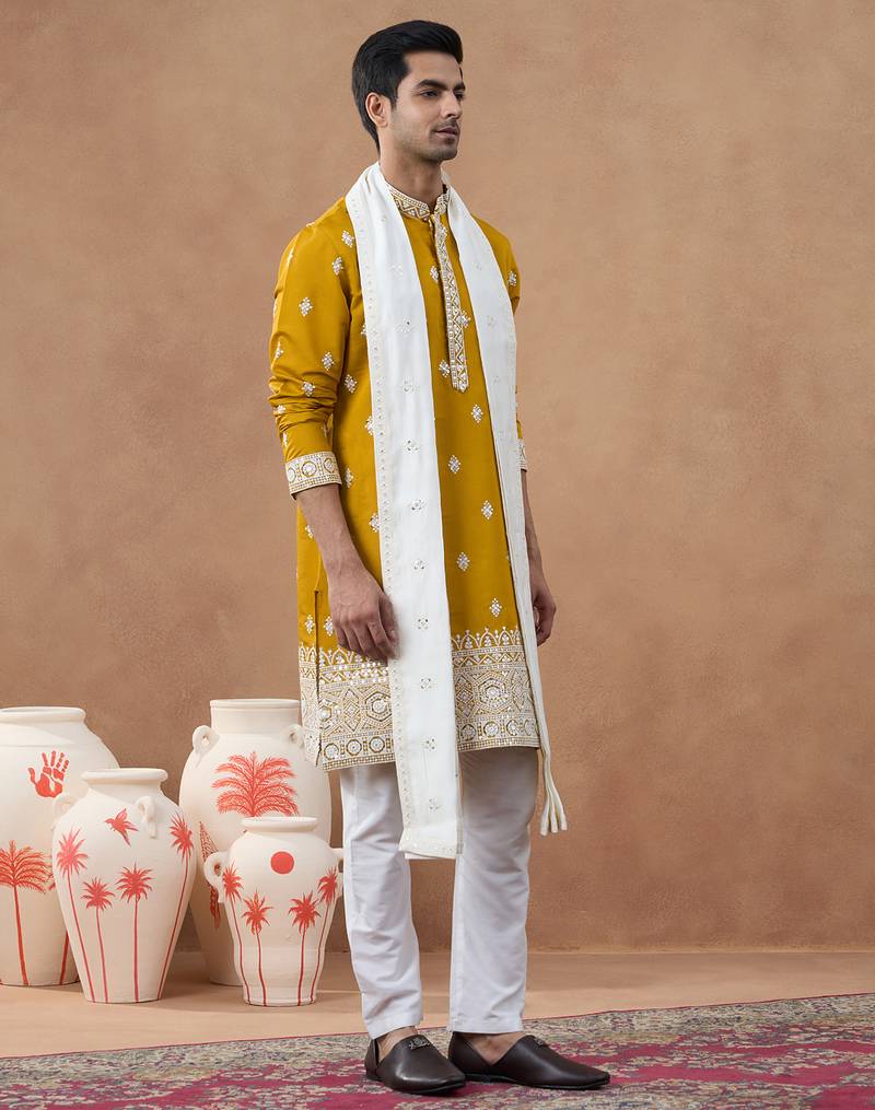 Orange cotton silk embroidered kurta for men's