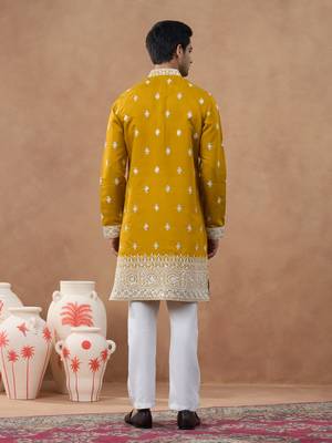 Orange cotton silk embroidered kurta for men's 4