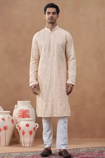 Pink cotton silk embroidered kurta for men's