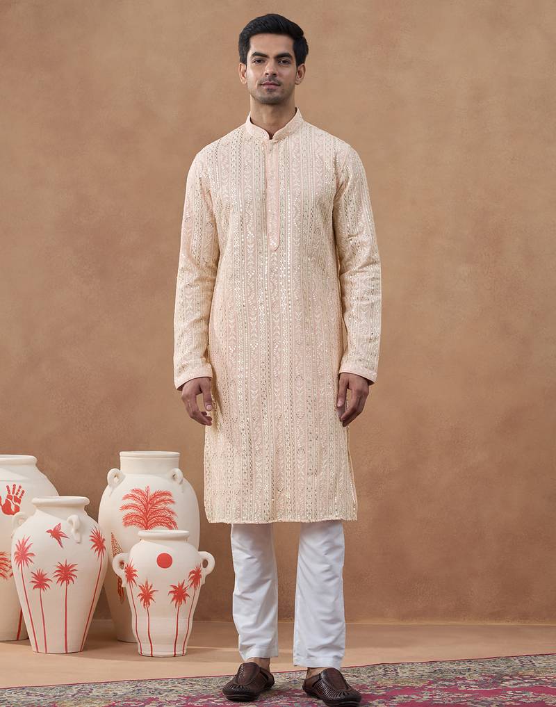 Pink cotton silk embroidered kurta for men's