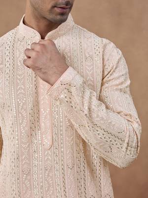 Pink cotton silk embroidered kurta for men's 2