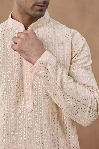 Pink cotton silk embroidered kurta for men's