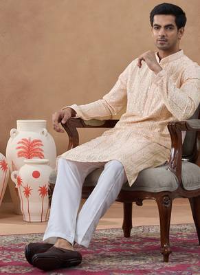 Pink cotton silk embroidered kurta for men's 3