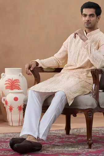 Pink cotton silk embroidered kurta for men's