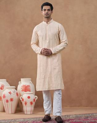 Pink cotton silk embroidered kurta for men's 4