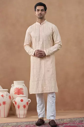 Pink cotton silk embroidered kurta for men's