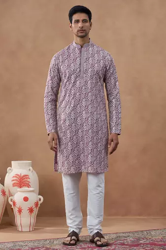 Purple cotton silk plain kurta for men's