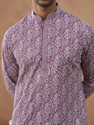 Purple cotton silk plain kurta for men's 2