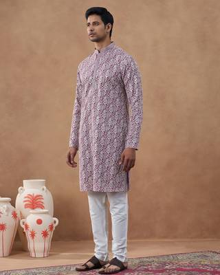 Purple cotton silk plain kurta for men's 3