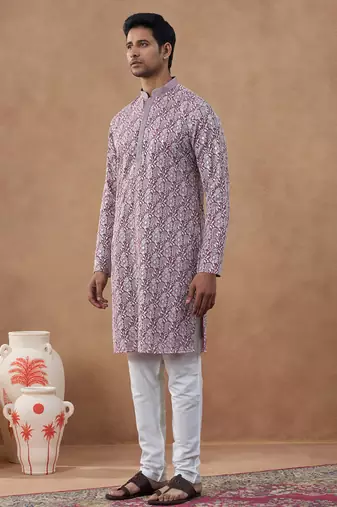 Purple cotton silk plain kurta for men's