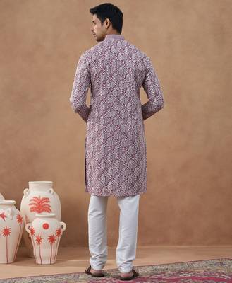 Purple cotton silk plain kurta for men's 4