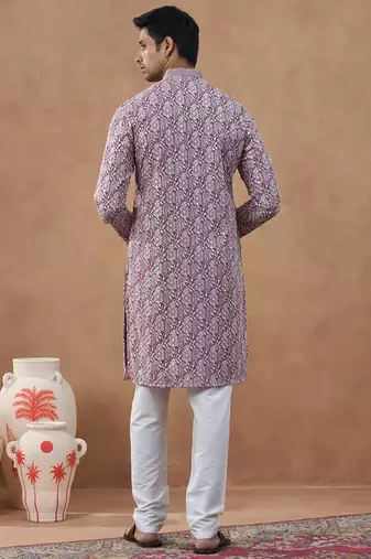 Purple cotton silk plain kurta for men's