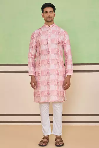 Pink cotton silk plain kurta for men's