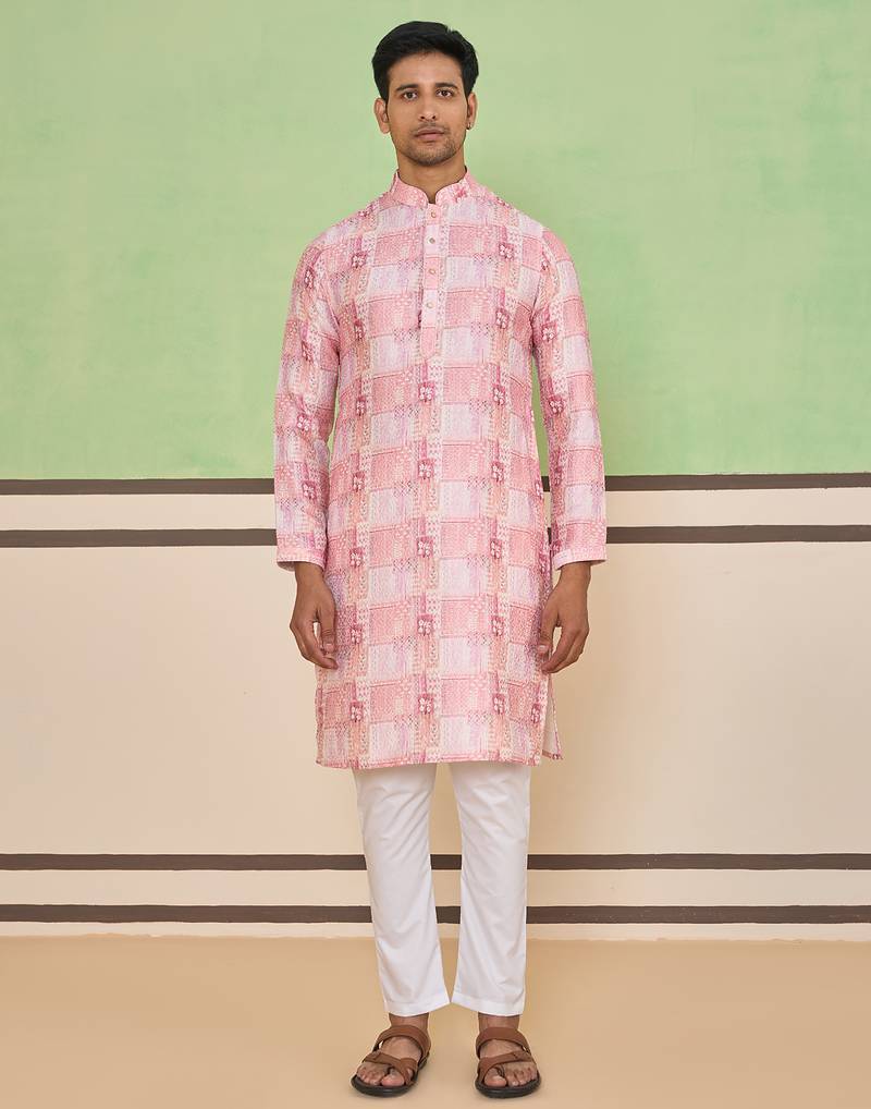 Pink cotton silk plain kurta for men's
