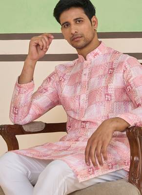 Pink cotton silk plain kurta for men's 2