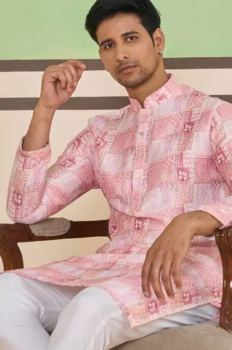 Pink cotton silk plain kurta for men's