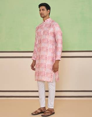 Pink cotton silk plain kurta for men's 3